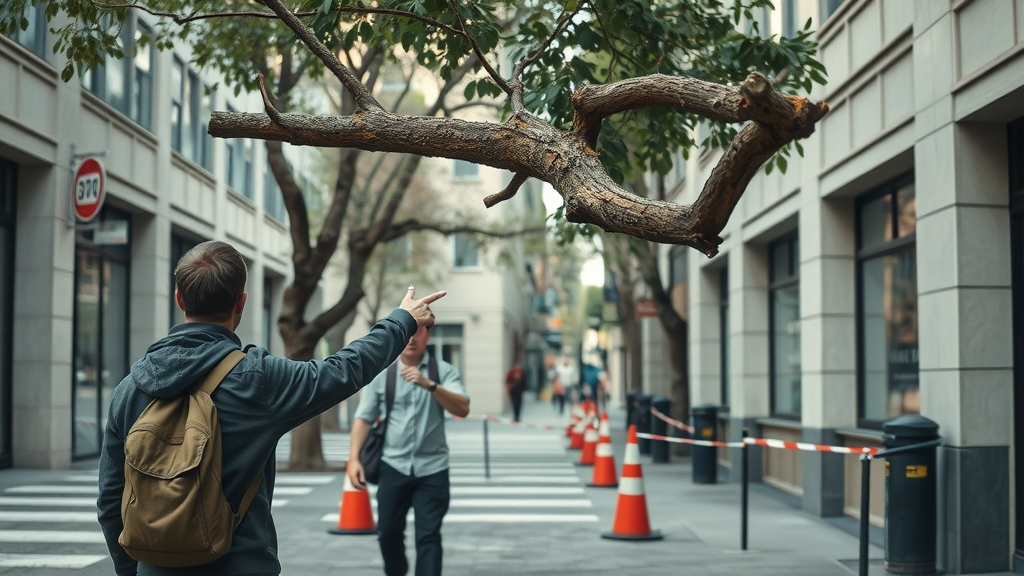 tree emergency response dangerous hanging branch over sidewalk warning tape passerby urban area safety