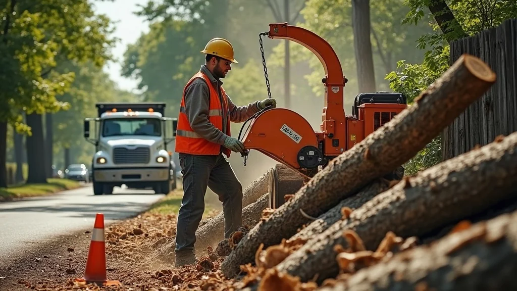 Calm arborist in safety helmet operating wood chipper during professional tree removal at New Jersey curbside, representing licensed tree care operator safety