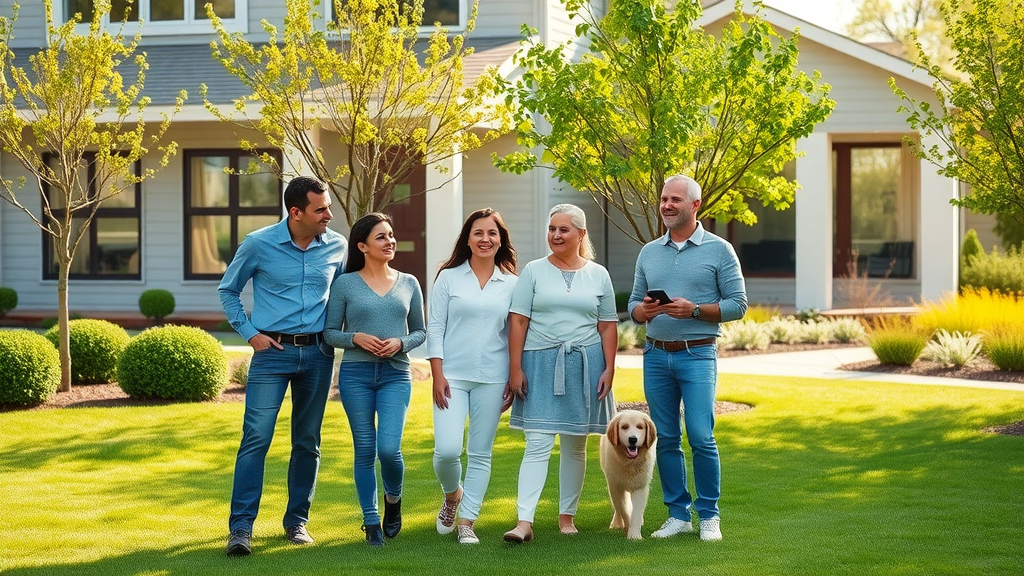 happy customers after tree trimming services in landscaped yard with pruned trees