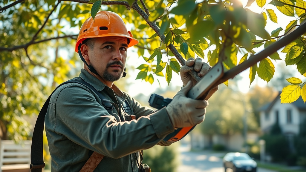 certified arborist in safety gear performing tree trimming services on a suburban property