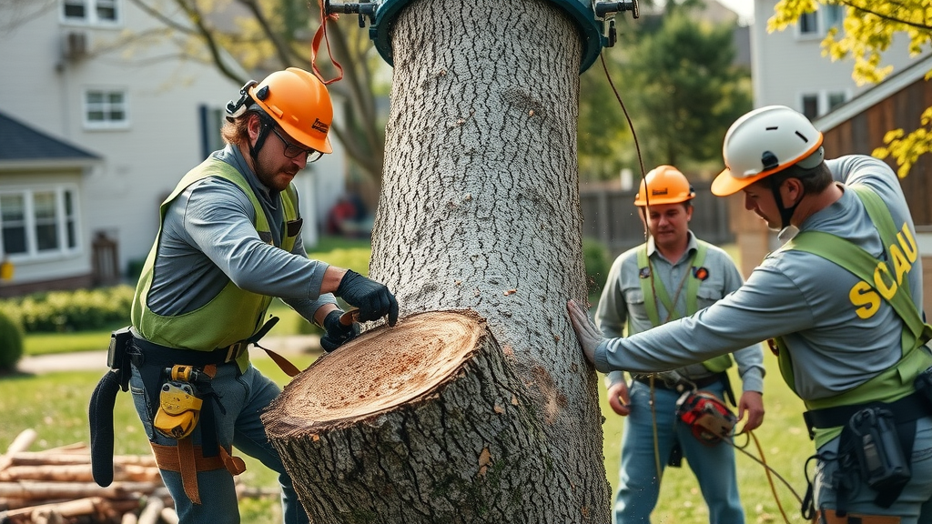 Professional tree cutting crew wearing safety gear, tree removal in Roxbury NJ