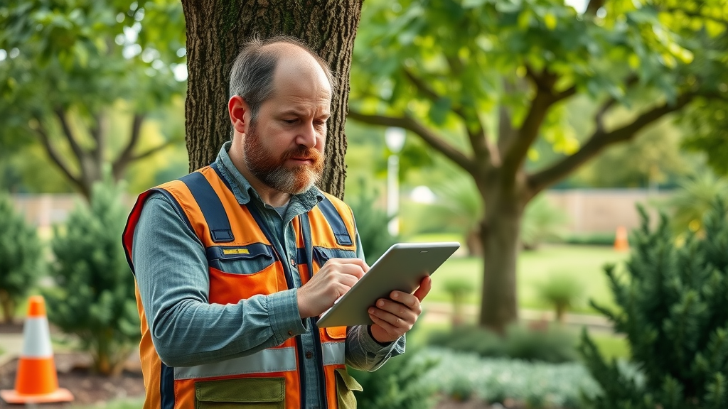 tree emergency response arborist inspecting mature tree with tablet garden safety preventive care