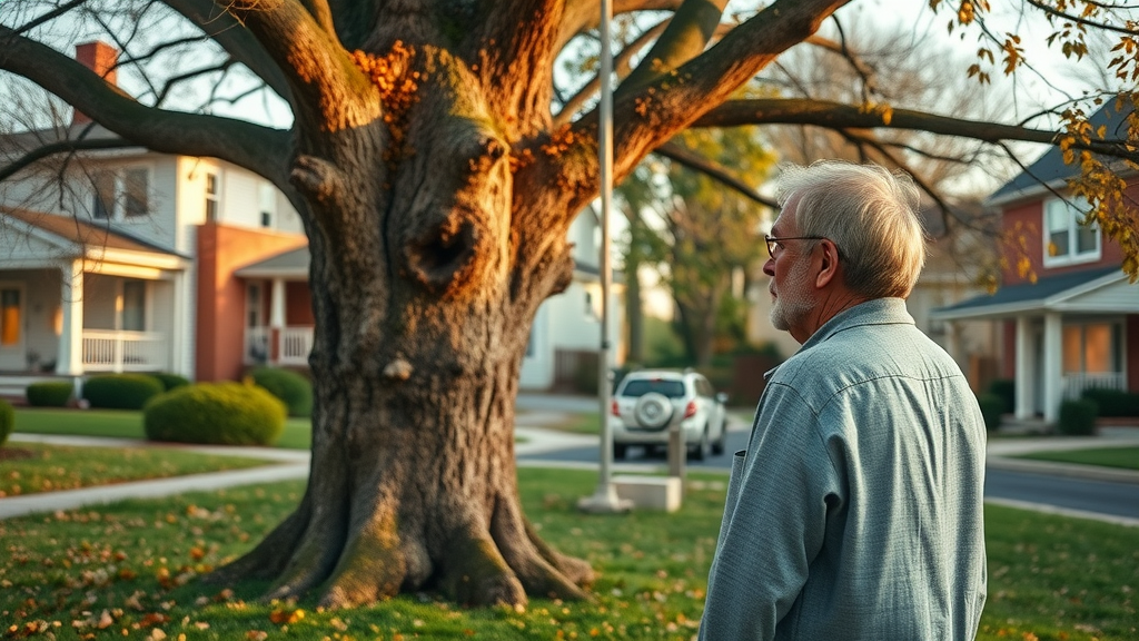Suburban Roxbury homeowner inspecting mature tree for disease - local arborist Roxbury