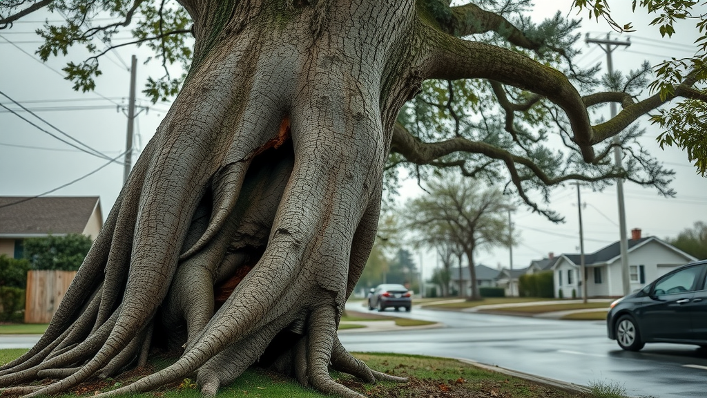 cracked tree with exposed roots posing immediate risk for emergency tree service