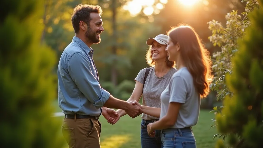 Empathetic, friendly licensed arborist shaking hands with diverse New Jersey family in their lush, safe yard, highlighting importance of hiring licensed tree care experts