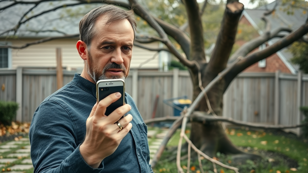 tree emergency response documenting storm-damaged tree homeowner taking photos backyard safety