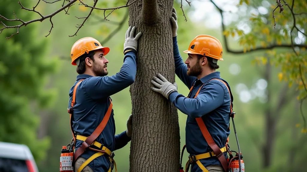 Professional New Jersey tree care crew pruning tree in backyard, wearing safety gear and climbing harnesses - tree care companies protecting homeowners
