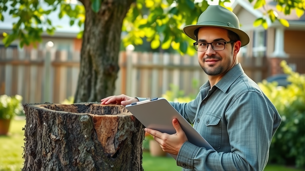 professional tree expert assessing stump for grinding in Roxbury NJ