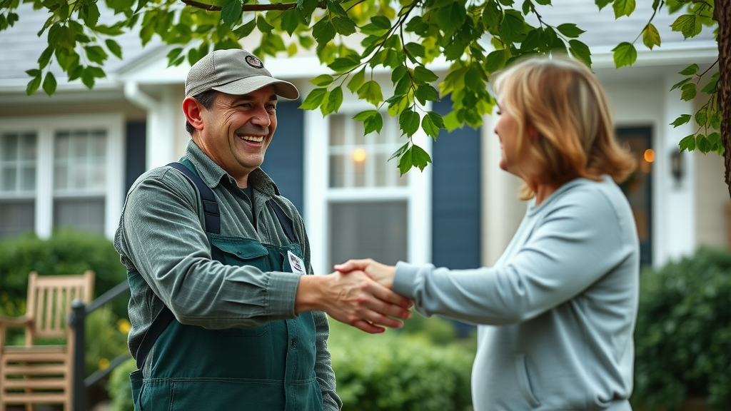 tree expert shaking hands with happy Roxbury NJ homeowner after stump grinding