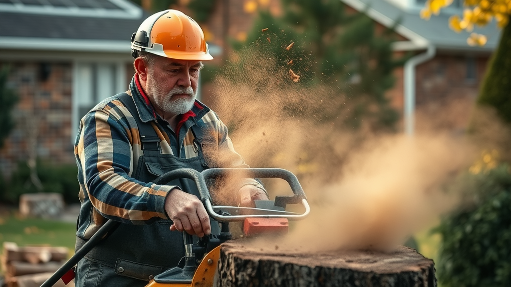 tree care expert demonstrating stump grinding Roxbury NJ equipment