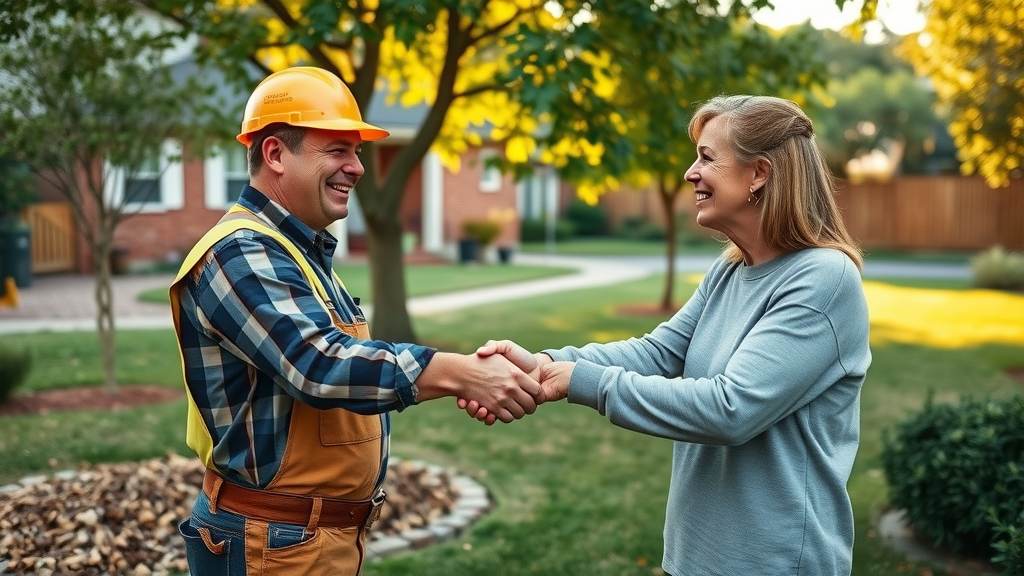 tree emergency response arborist shakes hands homeowner resolved emergency freshly cleared yard grateful safe