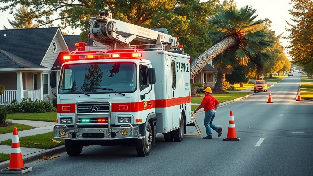 tree emergency response truck arriving crew fast equipment damaged tree barricades residential