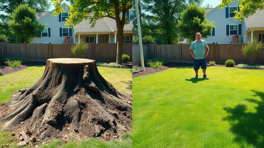 before and after of backyard stump grinding Roxbury NJ by tree experts