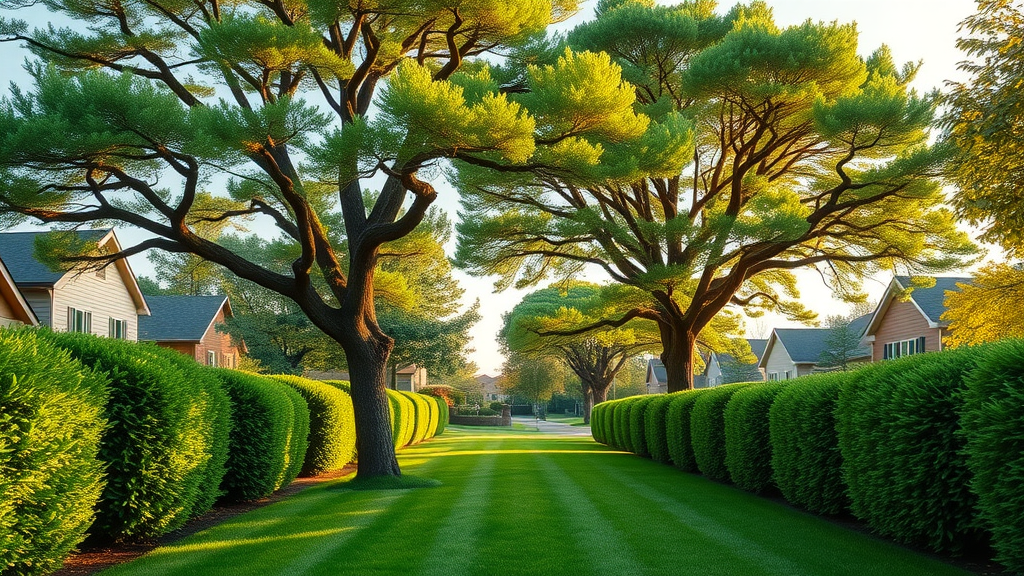 tree trimming services on suburban property with healthy mature trees and trimmed hedges