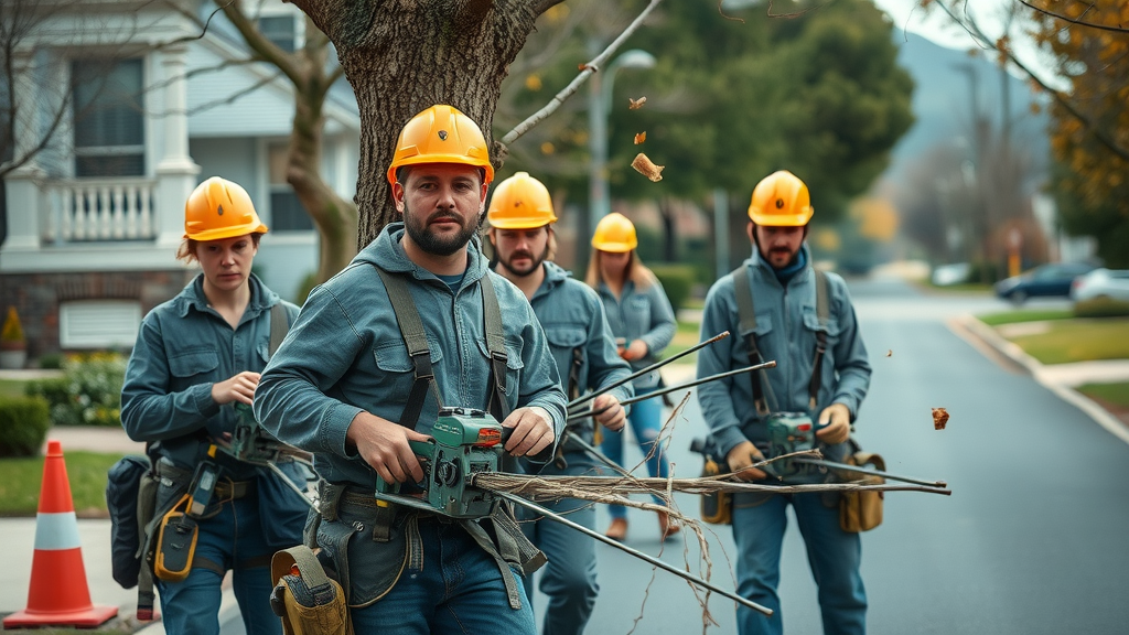 professional tree service crew using advanced trimming equipment on suburban street