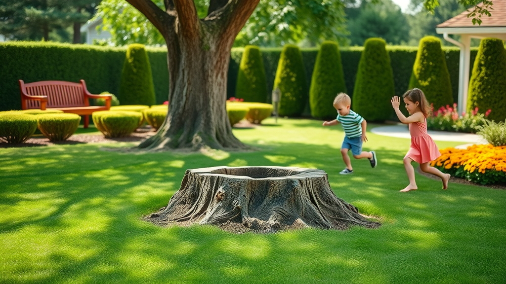 serene suburban yard, tree stump missing, beautiful landscaping, children playing, stump grinding Roxbury NJ