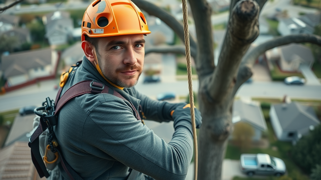 professional tree trimming services certified arborist using safety harness and modern equipment