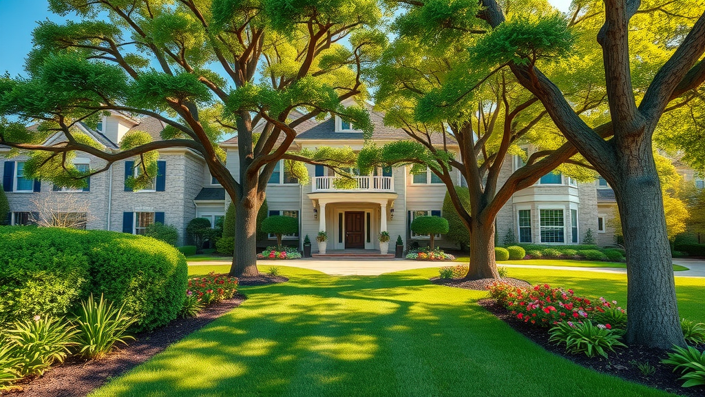 tree trimming services enhancing curb appeal with manicured front yard and pruned tree canopies