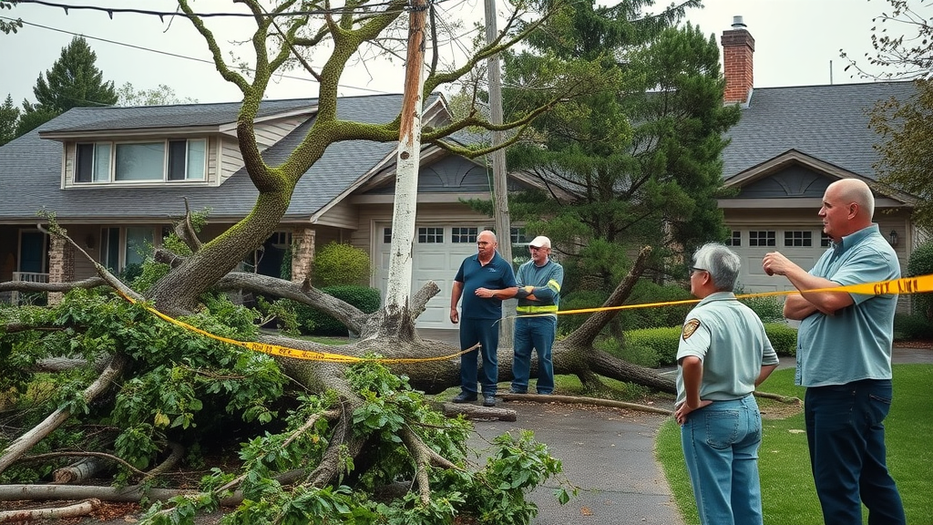 tree emergency response fallen tree suburban driveway emergency responders action homeowners anxious storm debris