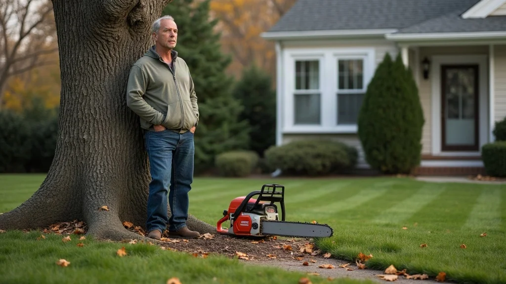 Concerned suburban New Jersey homeowner worried about tree care operator, with chainsaw and branches in residential yard - unlicensed new jersey tree care operator risk illustration