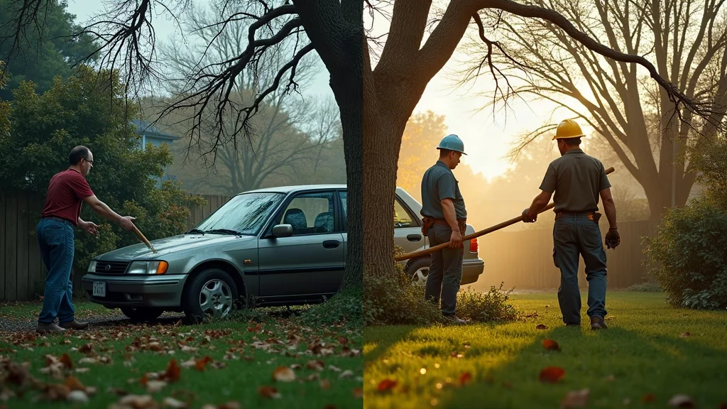 Dramatic split-scene of chaotic backyard with storm damages versus professional tree care company scene, highlighting unlicensed vs. licensed tree operator outcomes in New Jersey